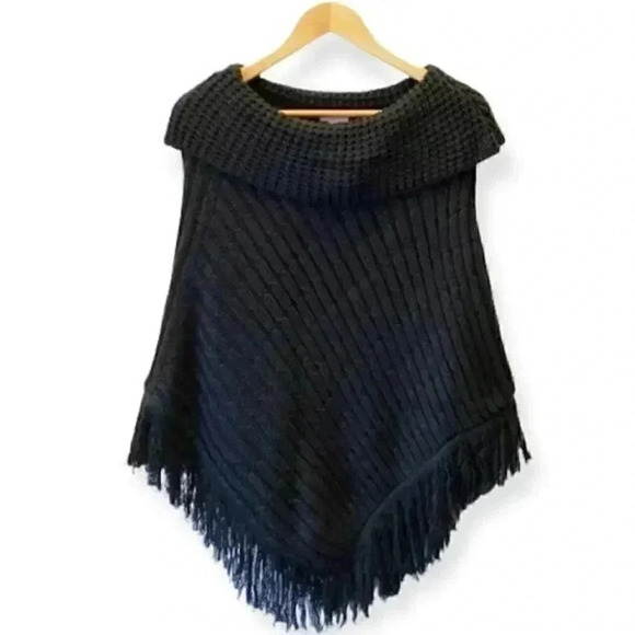 Vintage Poncho Cable Knit Fringe Trim  Black Turtleneck Small Medium - Picture 4 of 16